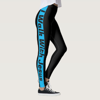 Legging Eu Caminho Com Jesus, Preto Com Tiras Azuis
