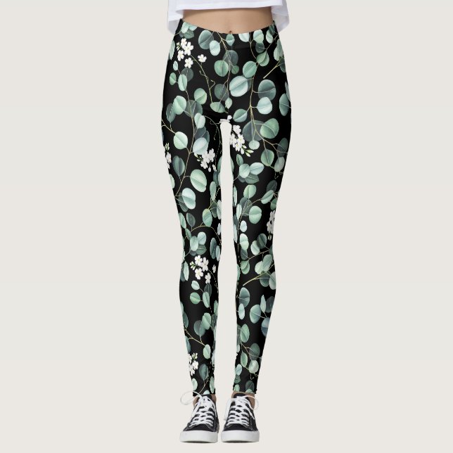 Legging Eucalyptus deixa: padrão de flores brancas (Frente)