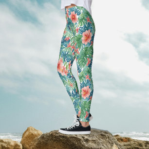 Legging Exótica Tropical Red Hibiscus Hawaiian Watercolor
