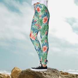 Legging Exótico Hibisco Vermelho Tropical Havaiano Aquarel