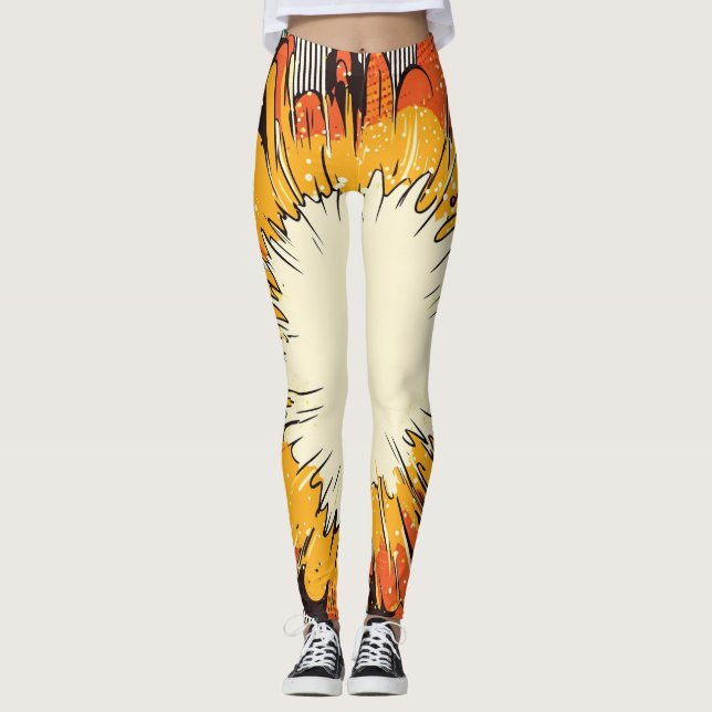 Legging Explosão de Laranja Ousada em Arte Pop com Linhas  (Frente)