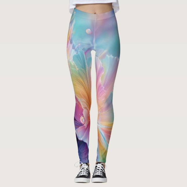 Legging Explosão floral cósmica abstrata em pastel (Frente)
