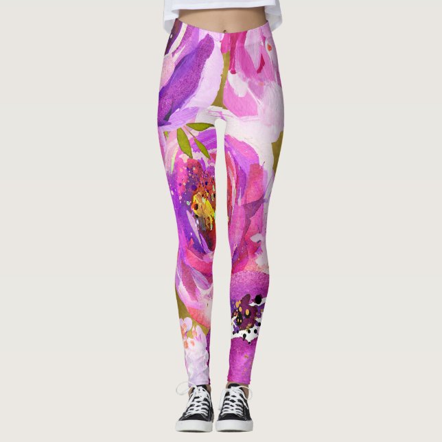 Legging Explosões de Flores Vibrantes Rosa e Roxo (Frente)