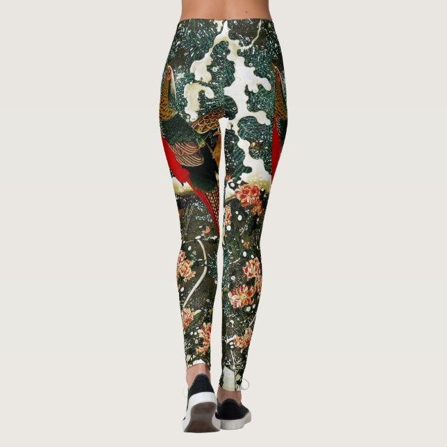 Legging Faisões na neve, pinheiro, Rosas, japonês (Verso)