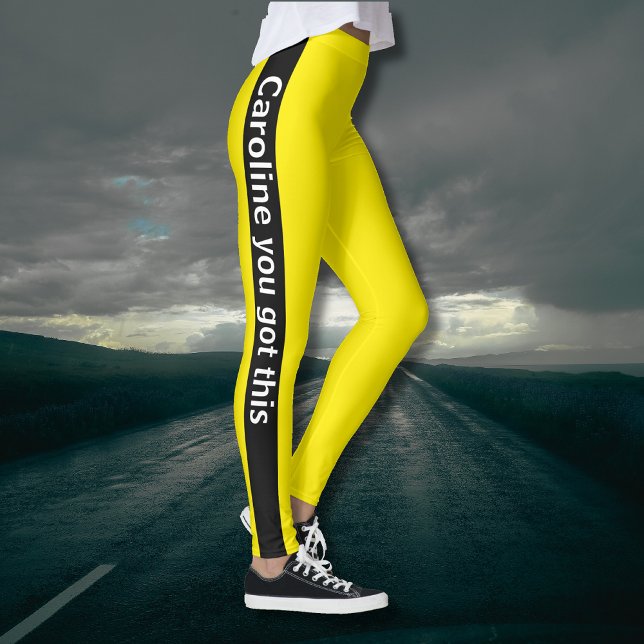 Legging Faixa Vertical Preta | Adicionar texto | Amarelo C (Criador carregado)