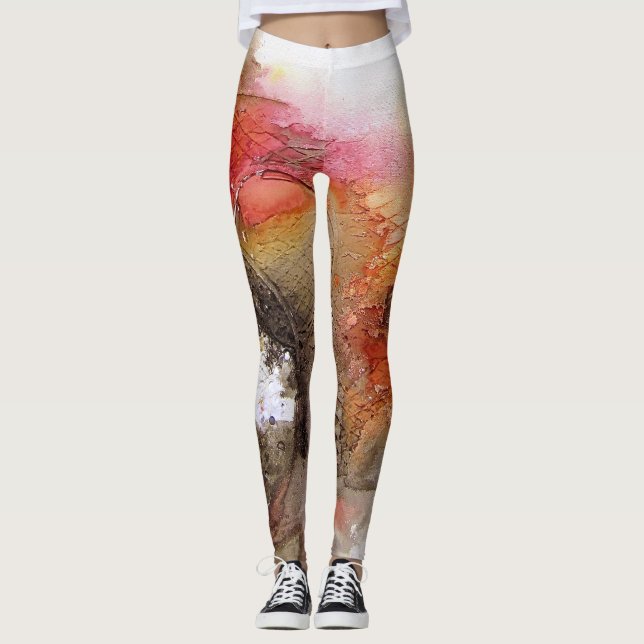 Legging Falso amarelo vermelho arte abstracta afligida da (Frente)