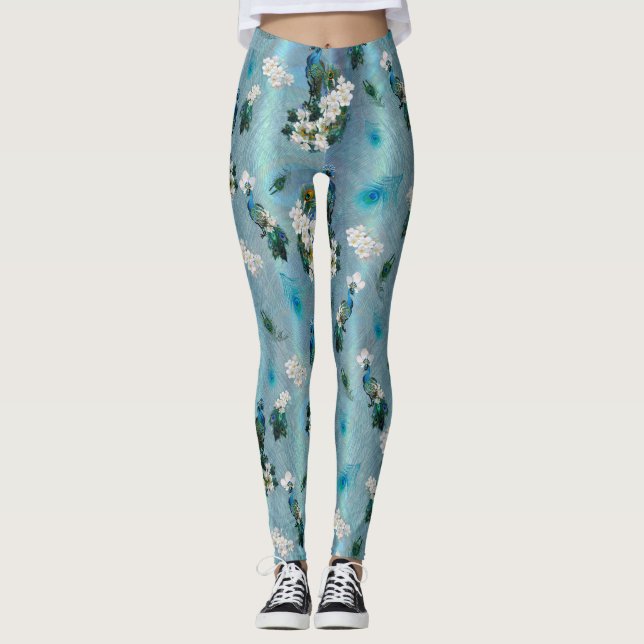 Legging Fantasia Real-Pavões Branco e Azul (Frente)