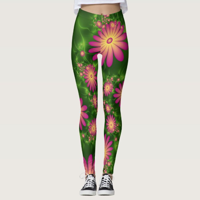 Legging Fantasia Rosa Flói Arte Fractal Moderna Abstrato (Frente)