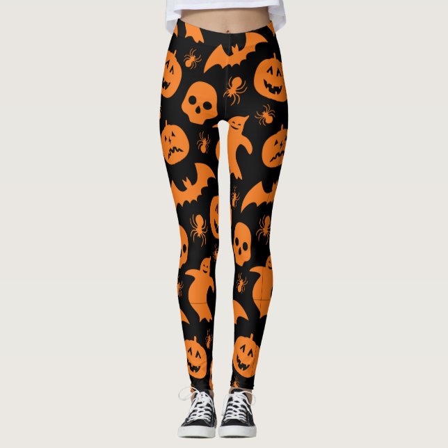 Legging Fantasma do Dia das Bruxas Negro e Laranja, Pumpki (Frente)