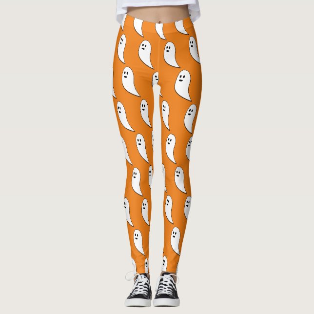 Legging Fantasma Halloween branco padrão fofo laranja (Frente)