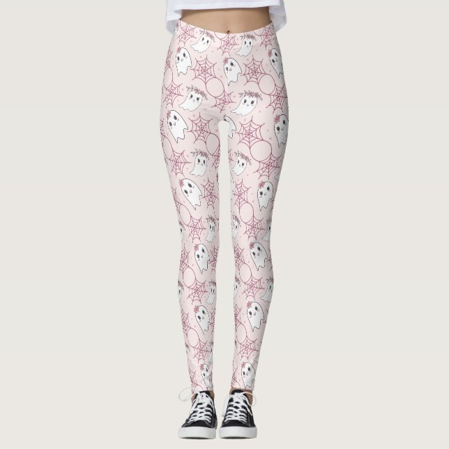 Legging Fantasma Rosa Pastel Halloween Padrão Kawaii (Frente)
