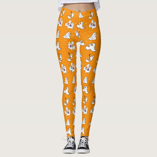 Legging Fantasmas bonitos do Halloween em fundo laranja (Frente)