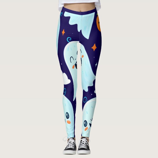 Legging Fantasmas bonitos ilustrados com rostos sorridente (Frente)