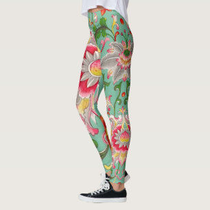 Legging Fantasy Floral Oriental Chinoiserie em Verde
