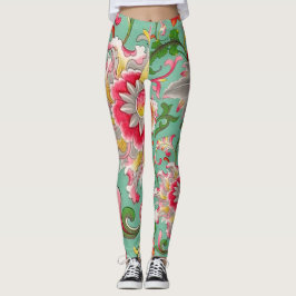 Legging Fantasy Floral Oriental Chinoiserie em Verde