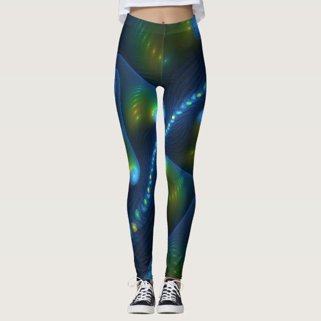 Legging Fantasy Luzes Abstrato Azul Verde Amarelo Fractal (Frente)