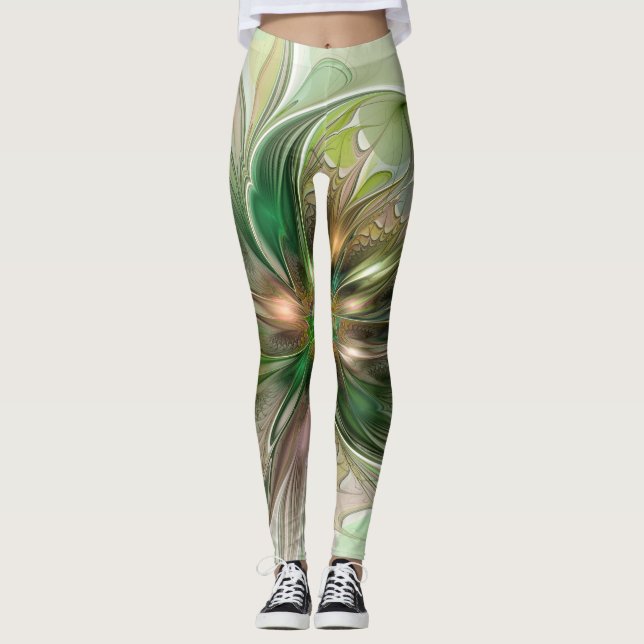 Legging Fantasy Moderna Abstrato, Flor Fractal Colorida (Frente)