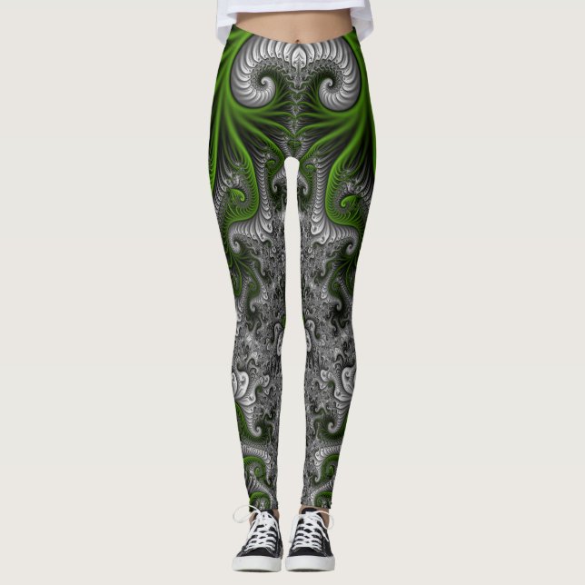 Legging Fantasy Mundo Verde E Arte Fractal Cinza (Frente)
