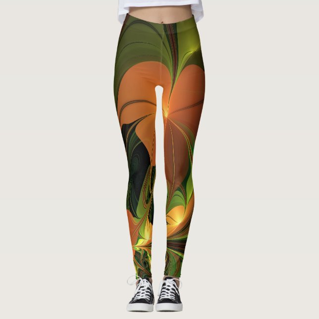 Legging Fantasy Plant Abstrato Green Rust Brown Fractal (Frente)