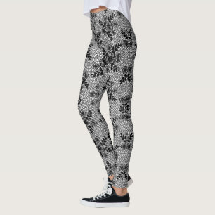 Legging Faux Black White Lace Fisers Flores Românticas