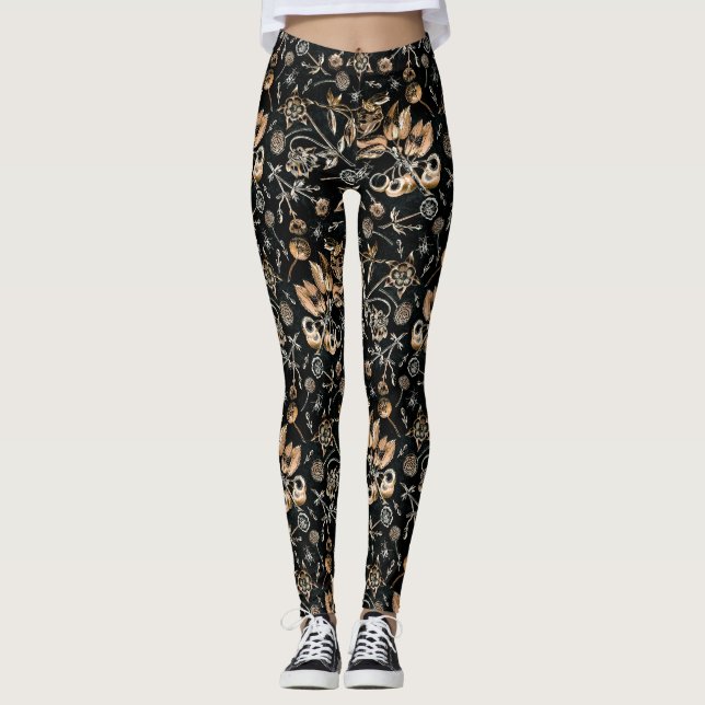 Legging Faux Dourado Beetles Flowers Deixa Frutas De Cerej (Frente)