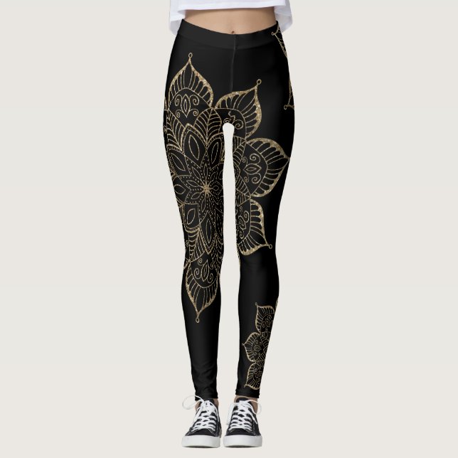Legging Faux Glitter Mandalas, Dourado, fora do centro, em (Frente)