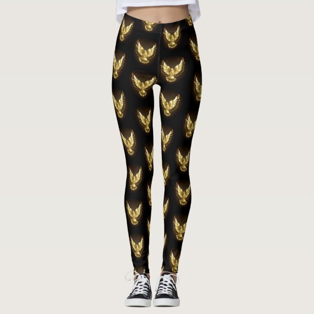 Legging Faux Gold Foil Peace Dove em Preto (Frente)