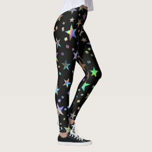 Legging Faux Holographic Rainbow Stars Patterna Chic Black