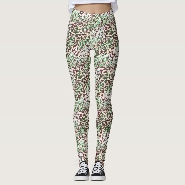 Legging Febre, leopardo, tropical, palma, folhas, marrom, (Frente)