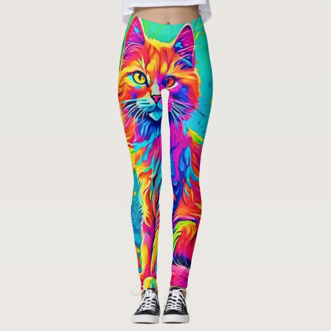 Legging Felino Luminoso: Neon Gato Colorido (Frente)