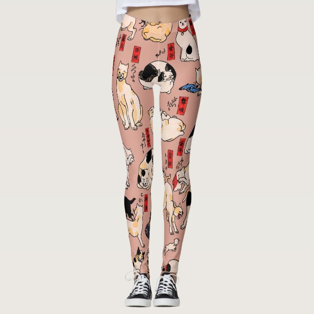 Legging felinos japoneses gatinho Ukiyo-e engraçado (Frente)