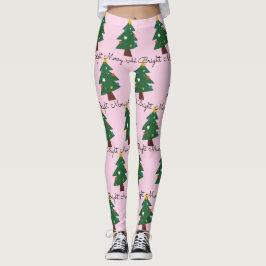 Legging Feliz E Árvores De Natal Brilhantes A Rosa