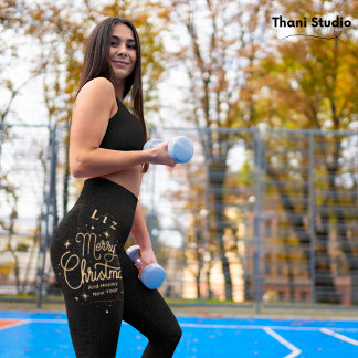 Legging Feliz Feliz ano novo de Natal Moderno Preto e Dour