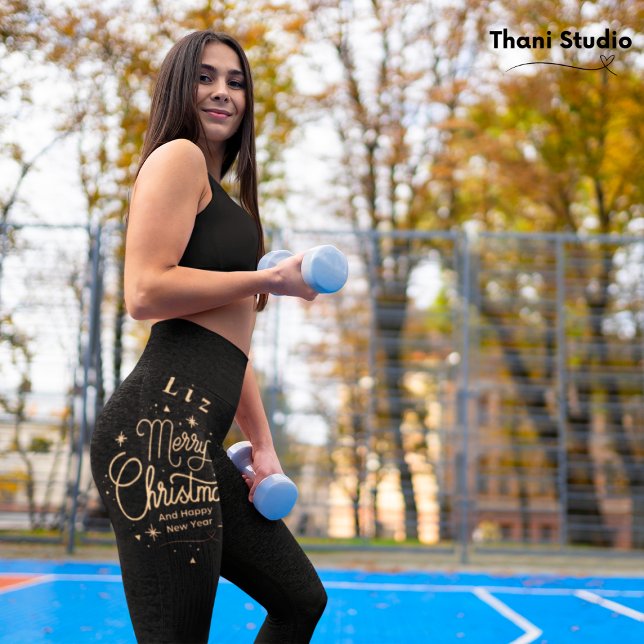 Legging Feliz Feliz ano novo de Natal Moderno Preto e Dour (Criador carregado)