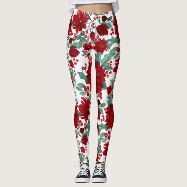 Legging Feliz Flores De Poinsettia Vermelha Ivy Deixa Aqua (Frente)