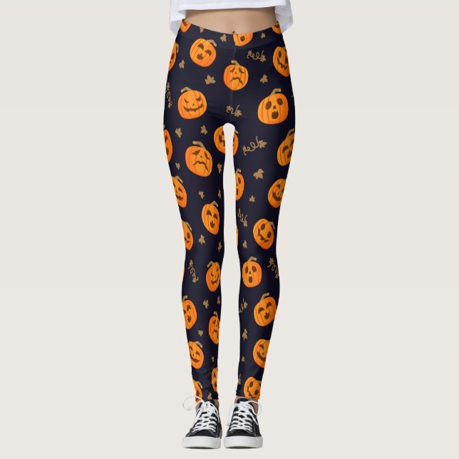 Legging Feliz Halloween Engraçado Pumpkins Laranja Pattern (Frente)