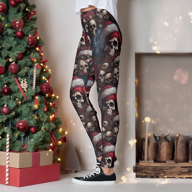 Legging Feliz Natal de Santa Hats - Skulls Escuros Góticos (Criador carregado)