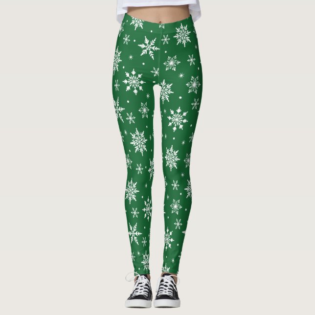 Legging Feliz Natal Flocos de Neve Padrão Verde (Frente)