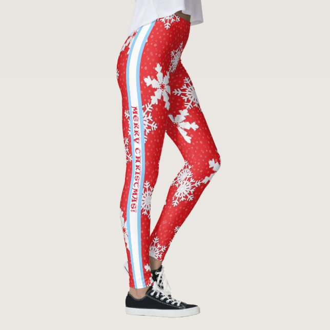 Legging Feliz Natal! Flocos de neve vermelhos brancos de i (Direita)