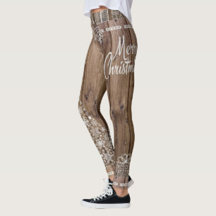 Legging Feliz Natal Rustic Wooden Pattern Snowflake