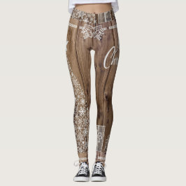 Legging Feliz Natal Rustic Wooden Pattern Snowflake