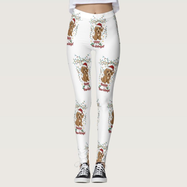 Legging Feliz Paw-lidays Desenho de Natal Cockapoo (Frente)