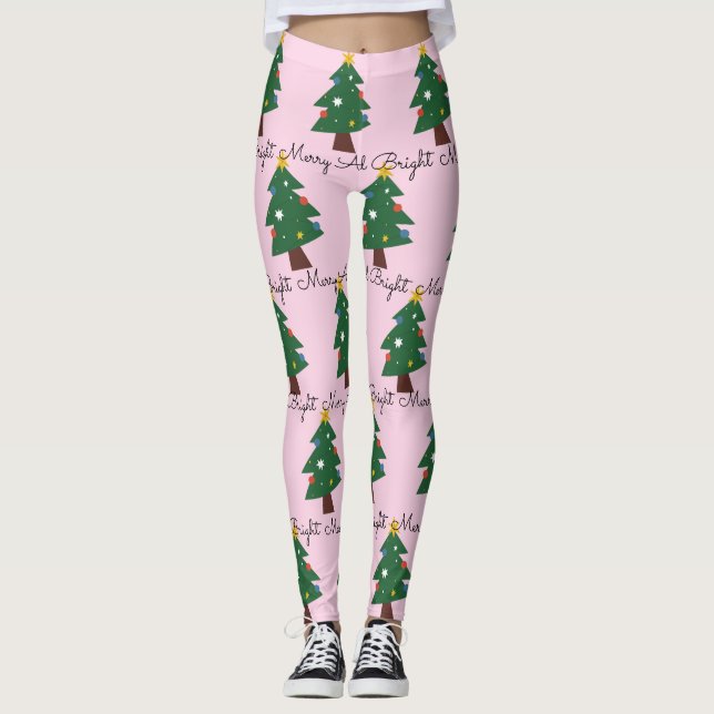 Legging Feliz Pintada E Árvores De Natal Brilhantes A Rosa (Frente)