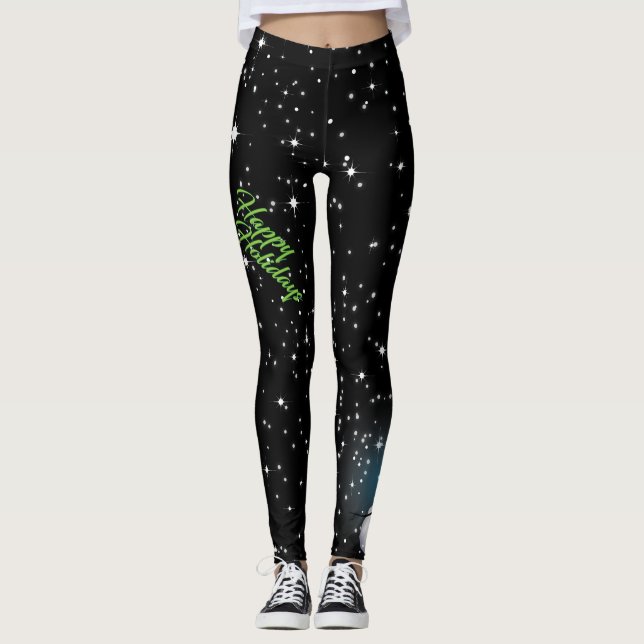 Legging Felizes feriados em texto verde com Snowman em pre (Frente)