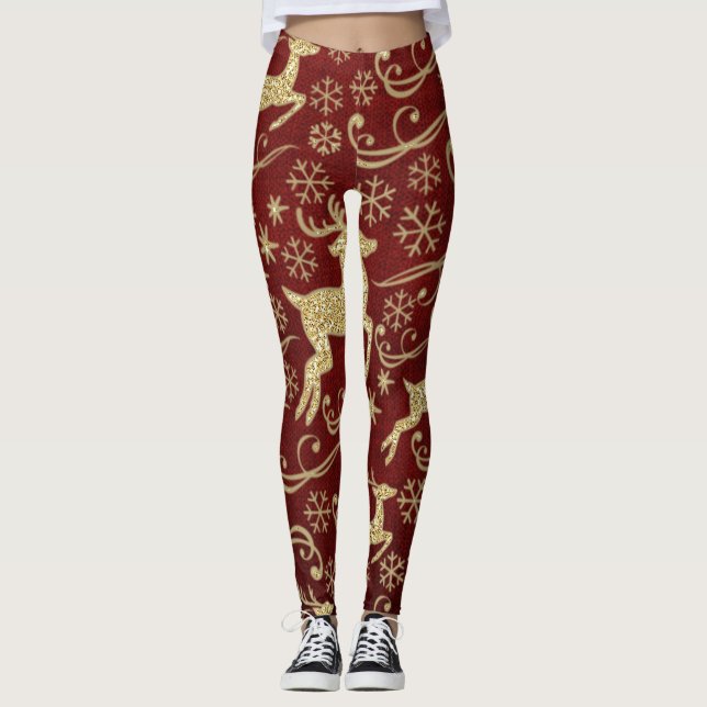Legging Feriado de Reindeer com Glitter Dourado (Frente)