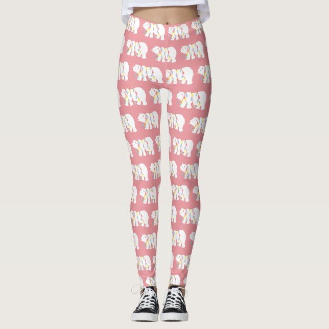 Legging Feriado rosa das luzes de Natal do Urso Polar (Frente)
