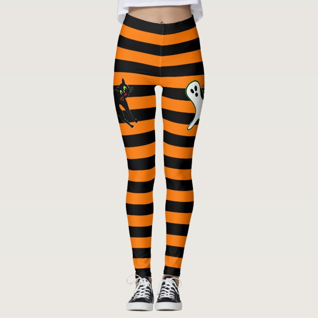 Legging Festa de Halloween, Gato Cute Ghost Black Orange (Frente)