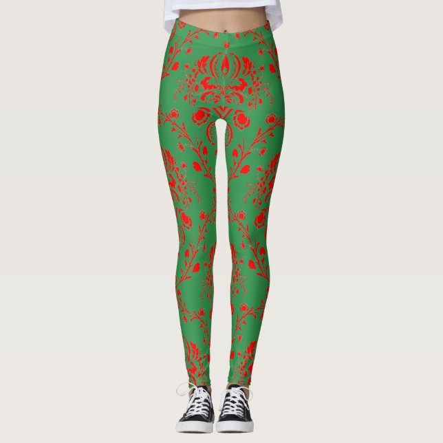 Legging Festivo Feriado Verde e Damasco Vermelho (Frente)