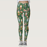 Legging Festivo Whimsic Cute Nutcracker Balé Verde<br><div class="desc">Padrão midiático e mágico feito com personagens de balé de preguiçosos de Natal e falso falso flocos de neve ouro,  brilho e folhagem.</div>