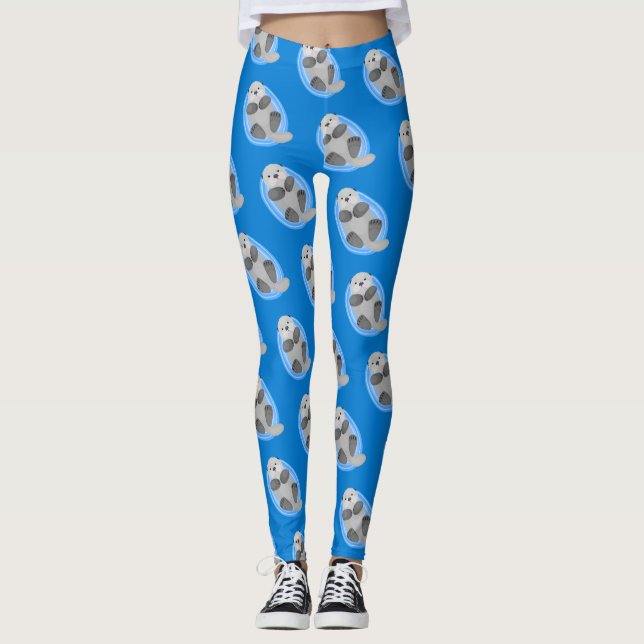 Legging Figura de desenho animado azul-lontra do mar feliz (Frente)